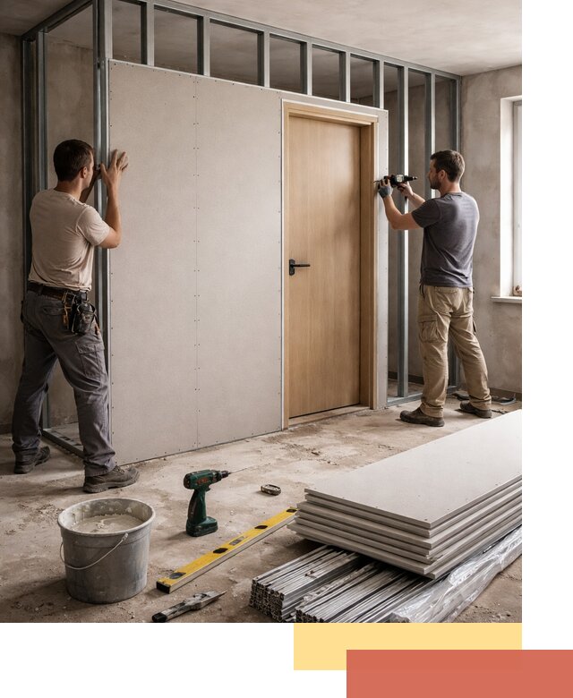 Перегородка из гипсокартона с дверью под ключ в Тутаеве