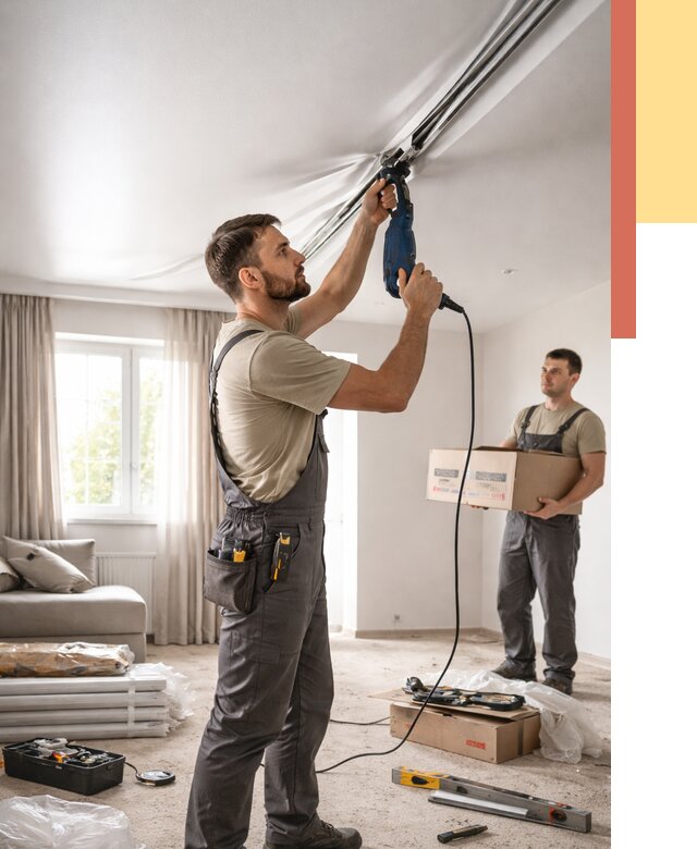 Монтаж сатинового натяжного потолка в Тутаеве от 3669 руб. | Быстро, недорого — ОТДЕЛОЧНИК-Ттв