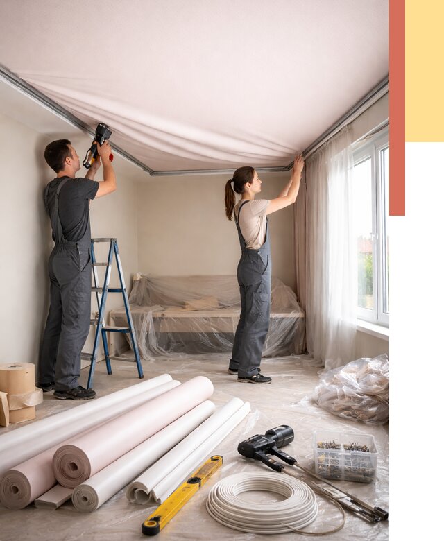 Монтаж цветного натяжного потолка в Тутаеве от 4403 руб/м² — быстро и недорого | ОТДЕЛОЧНИК-Ттв