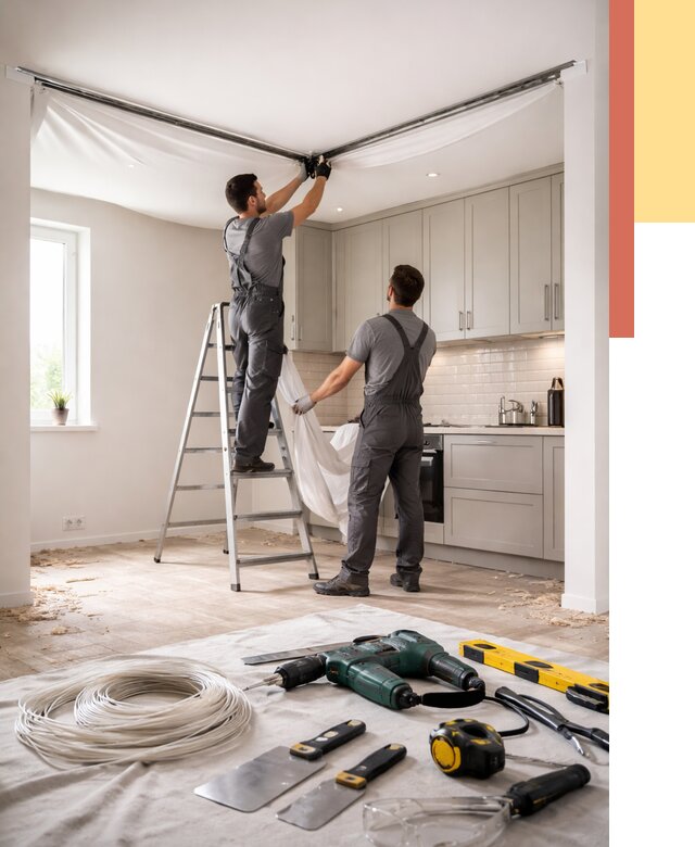 Установка натяжного потолка на кухне в Тутаеве от 2516 руб. | ОТДЕЛОЧНИК-Ттв