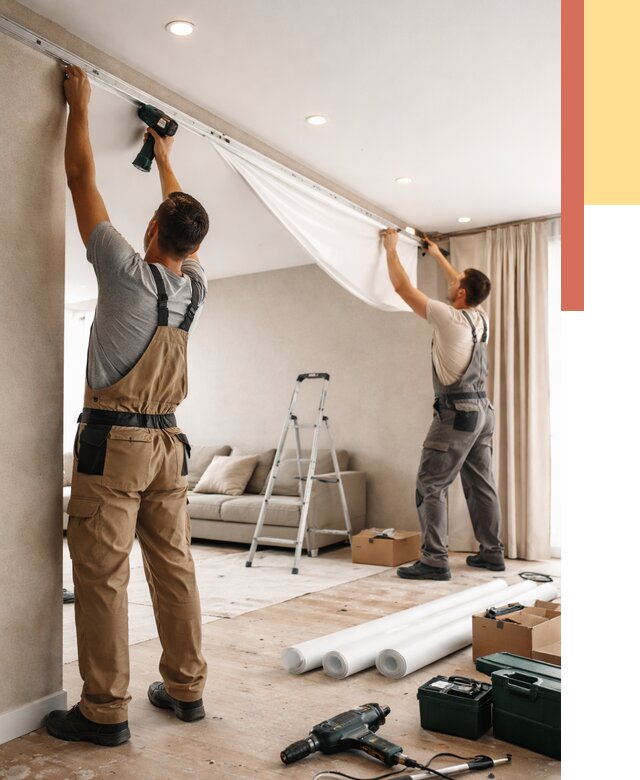 Монтаж натяжного потолка в гостиной в Тутаеве от 577 руб. | ОТДЕЛОЧНИК-Ттв