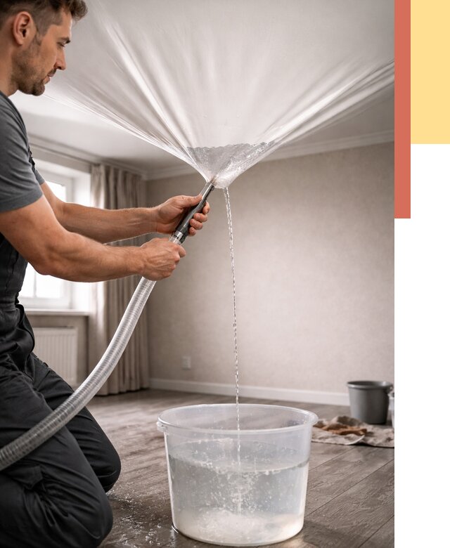 Слив воды с натяжного потолка в Тутаеве от 2621 руб. быстро и недорого | ОТДЕЛОЧНИК-Ттв