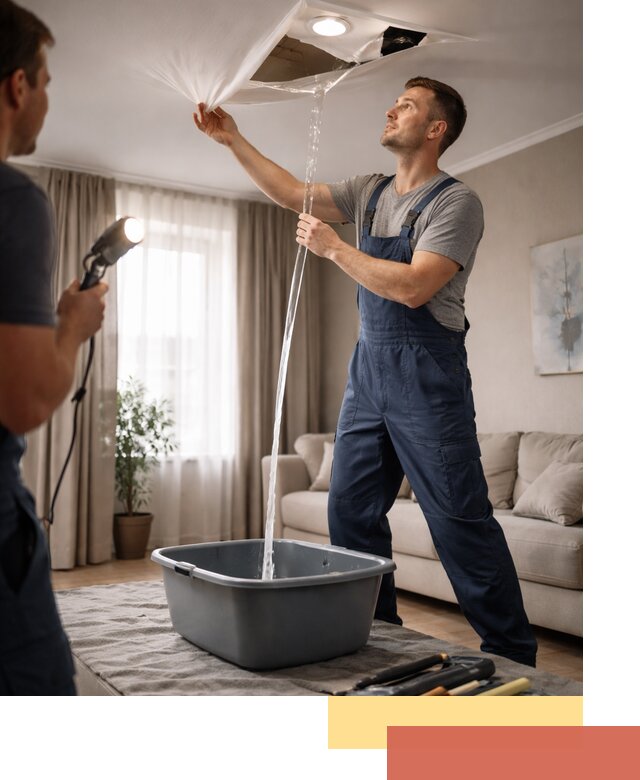 Слив воды с натяжного потолка в Тутаеве быстро и аккуратно