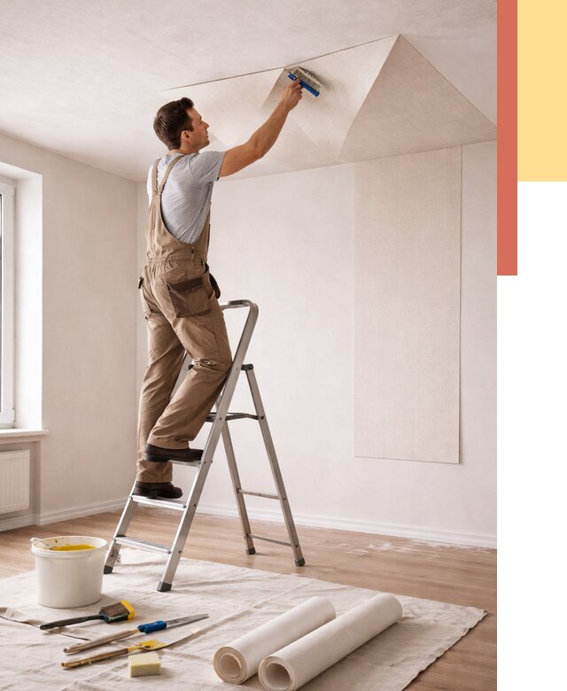 Поклейка обоев на потолок в Тутаеве от 4718 руб. быстро и недорого | ОТДЕЛОЧНИК-Ттв